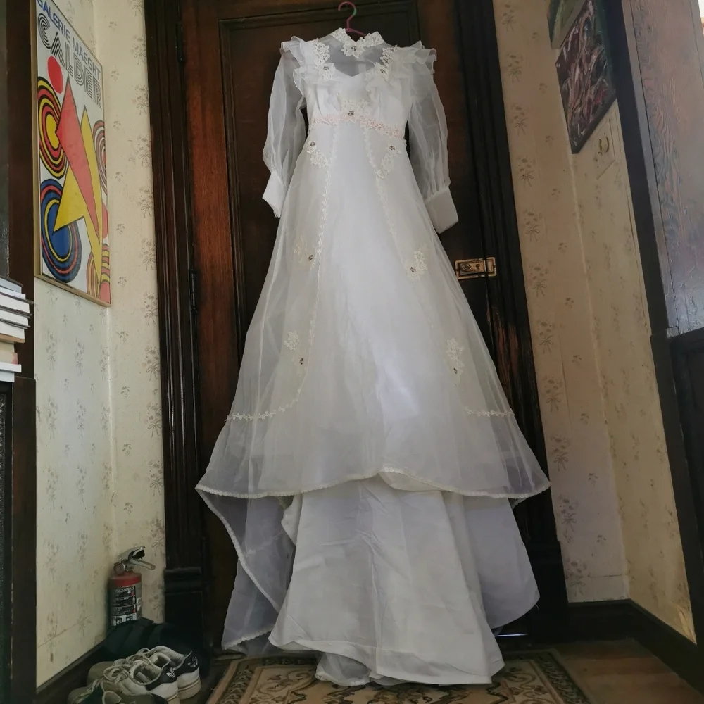 Vintage 60s Wedding Dress Long Veil Train Ruffles Floral Lace Barbie Pink 1960 - Picture 5 of 16